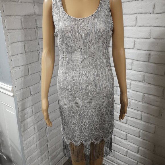 Venus Ladies Grey Lace Pattern with Cream Lining Sleeveless Flapper Dress - Picture 1 of 8